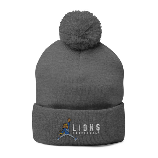 Embroidered Pom-Pom Knit Cap — Blue & Grey Lions Basketball Beanie