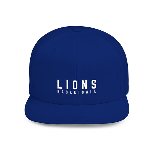 Lions Basketball Flat Bill Snapback Hat White Lettering — Distressed Team Logo Cap