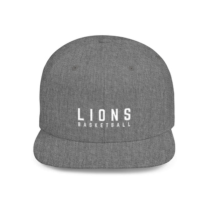 Lions Basketball Flat Bill Snapback Hat White Lettering — Distressed Team Logo Cap