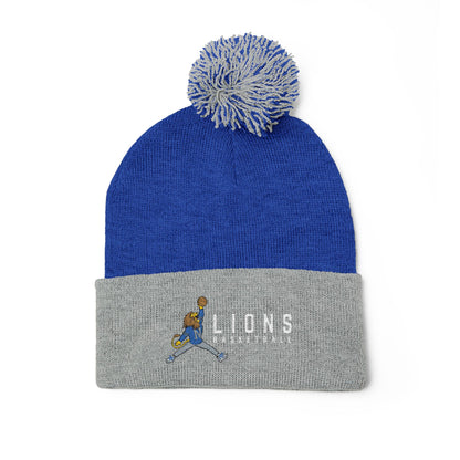 Embroidered Pom-Pom Knit Cap — Blue & Grey Lions Basketball Beanie