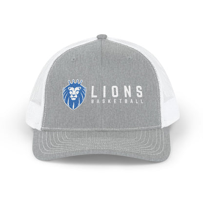 Lions Basketball Embroidered Trucker Hat — Snapback Mesh Cap for Fans