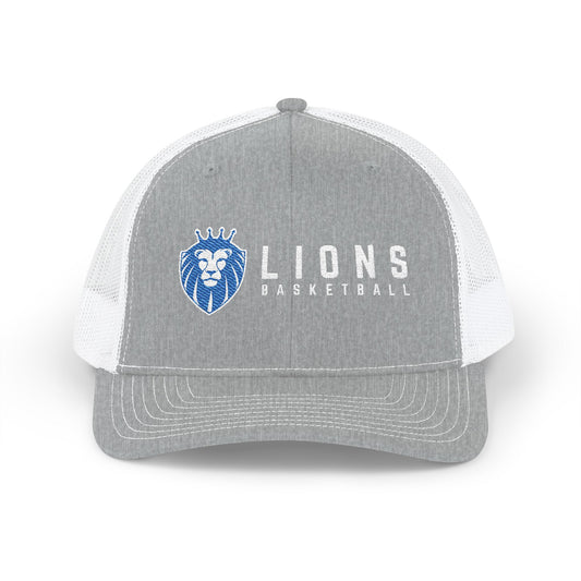 Lions Basketball Embroidered Trucker Hat — Snapback Mesh Cap for Fans