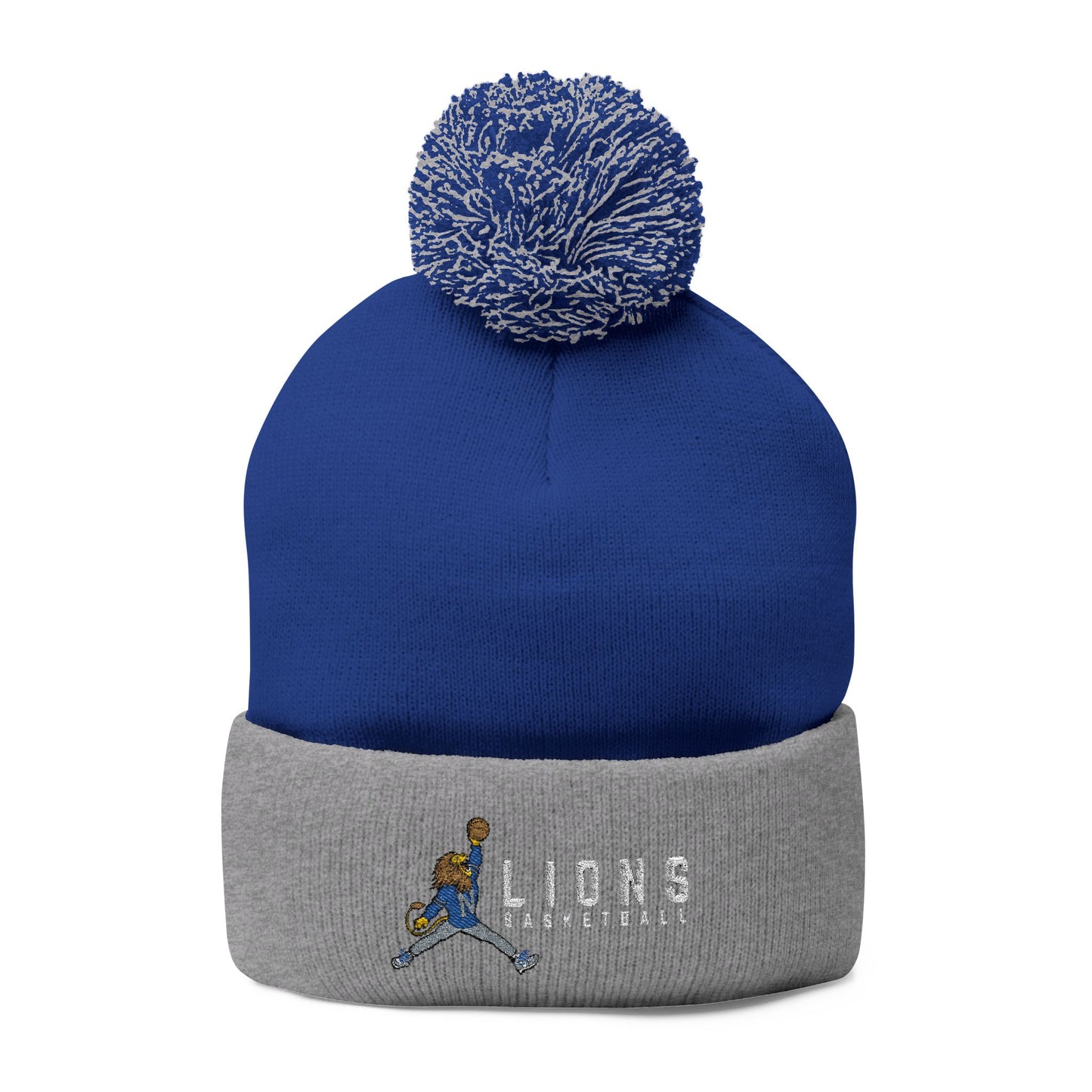 Embroidered Pom-Pom Knit Cap — Blue & Grey Lions Basketball Beanie
