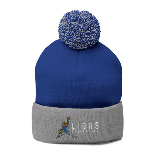 Embroidered Pom-Pom Knit Cap — Blue & Grey Lions Basketball Beanie