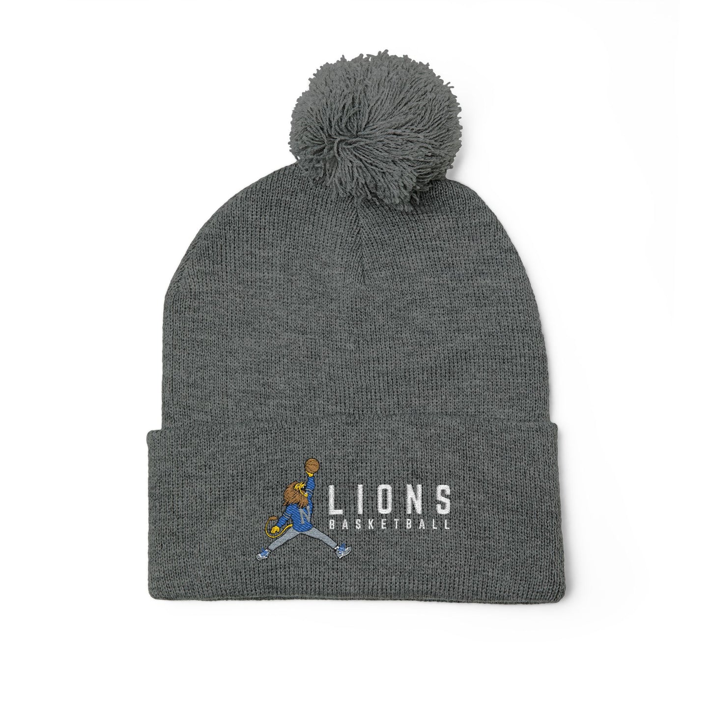 Embroidered Pom-Pom Knit Cap — Blue & Grey Lions Basketball Beanie