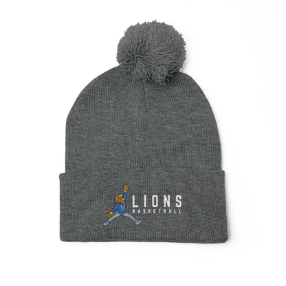 Embroidered Pom-Pom Knit Cap — Blue & Grey Lions Basketball Beanie
