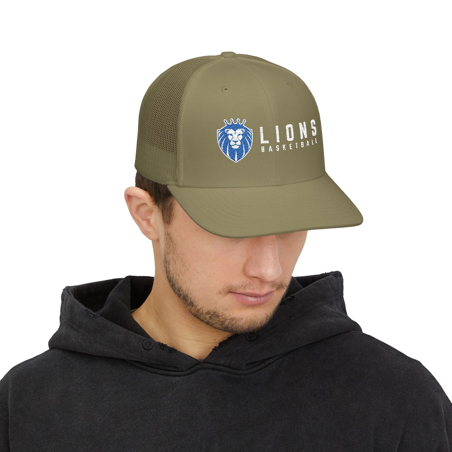 Lions Basketball Embroidered Trucker Hat — Snapback Mesh Cap for Fans