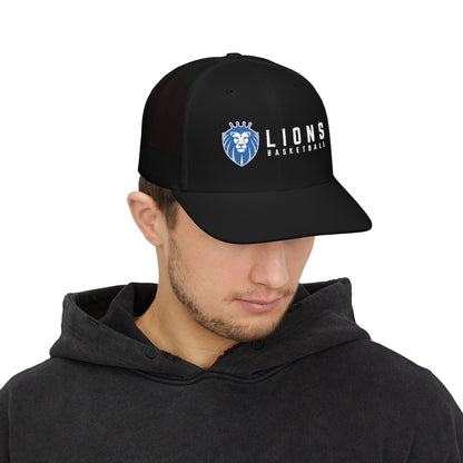 Lions Basketball Embroidered Trucker Hat — Snapback Mesh Cap for Fans