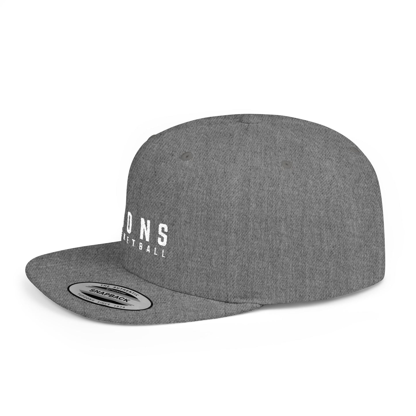 Lions Basketball Flat Bill Snapback Hat White Lettering — Distressed Team Logo Cap