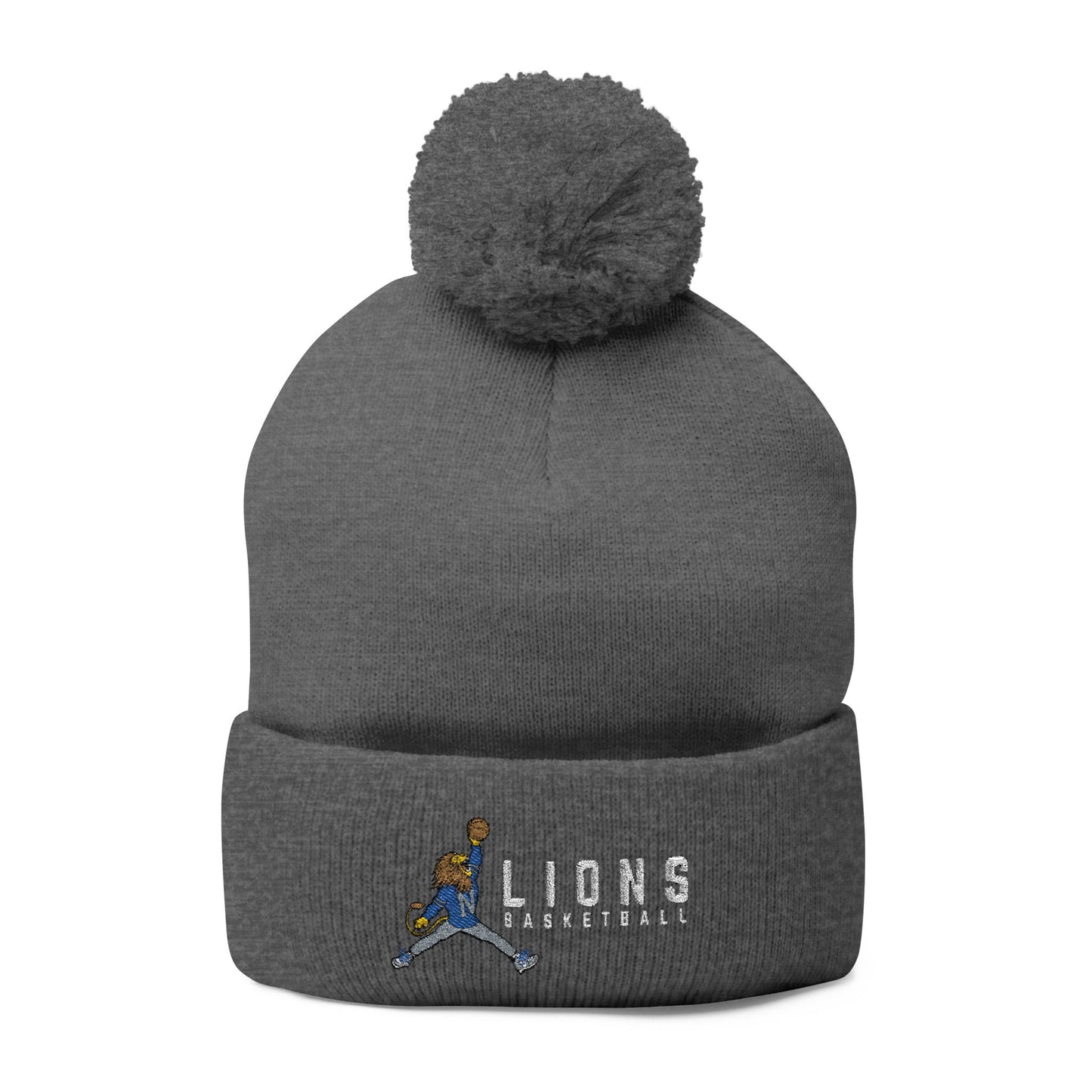 Embroidered Pom-Pom Knit Cap — Blue & Grey Lions Basketball Beanie