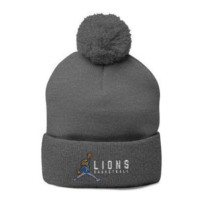 Embroidered Pom-Pom Knit Cap — Blue & Grey Lions Basketball Beanie