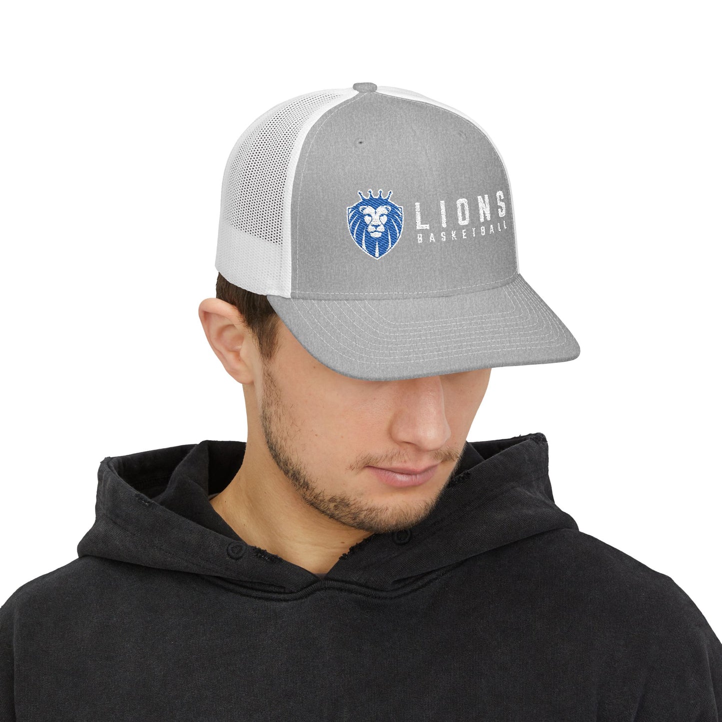 Lions Basketball Embroidered Trucker Hat — Snapback Mesh Cap for Fans